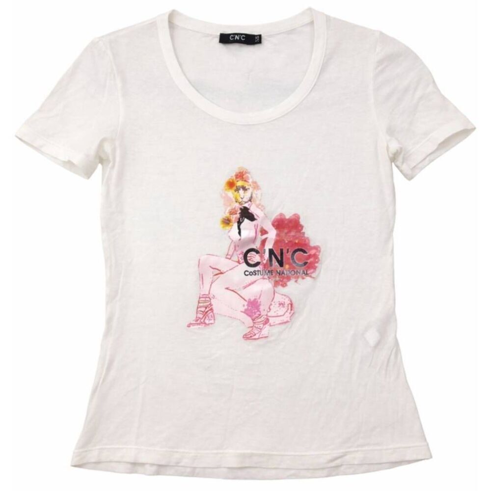 Cnc Costume national womens xsmall graphic teeshirt cream pink lightweight sheer
